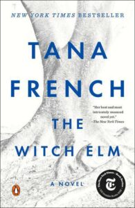 A book cover for the novel "the witch elm" by tana french, featuring a black and white close-up of tree bark textures with the title and author's name prominently displayed. it includes a commendation from the new york times describing the book as "her best and most intricately nuanced novel yet," and the logos indicating it's a new york times bestseller and part of the penguin books publishing house.