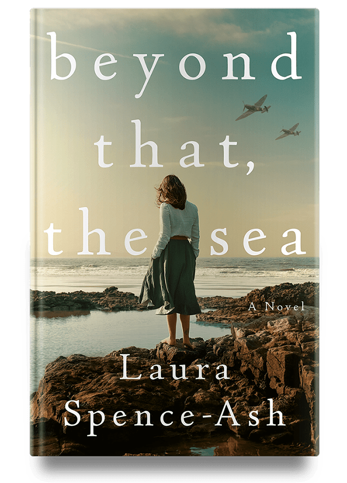 A woman stands at the edge of a rocky shore, gazing out into the horizon where birds fly over a tranquil sea, on the cover of 'beyond that, the sea' by laura spence-ash.