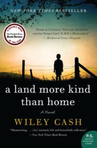A silhouette of a person standing at a fence line with a rural landscape in the backdrop, evoking a sense of contemplation and solitude on the cover of wiley cash's novel 'a land more kind than home.'.