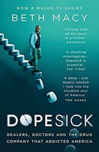 A book cover for "dopesick" featuring a dna double helix made of pills with a man standing at the top against a teal background, highlighting the theme of addiction and its deep roots in society.