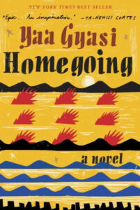 A vivid book cover with abstract illustrations depicting birds in flight over wavy patterns, representing water beneath a fiery sky, for yaa gyasi's novel "homegoing.