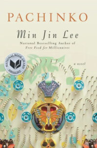 Cover of the novel "pachinko" by min jin lee, featuring intricate pachinko machine elements and decorative designs against a pale background.