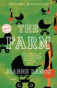 Book cover of 'the farm' by joanne ramos with a vibrant illustration of multiple women pushing strollers in a green field, highlighting themes of motherhood and society.