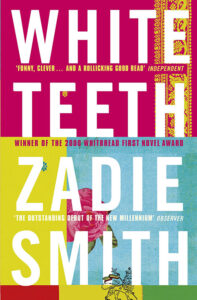 A book cover with vibrant colors, featuring the title "white teeth" by zadie smith, lauded with critical acclaim and noted as the winner of the 2000 whitbread first novel award.