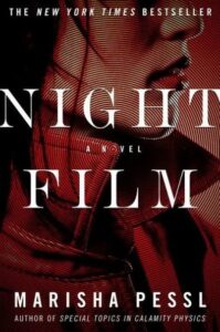 A book cover displaying the title "night film" in bold white letters over a red and black, abstract, close-up image of a person's face partially obscured by shadows, suggesting a sense of mystery or suspense. it is noted as a novel by marisha pessl and a new york times bestseller.