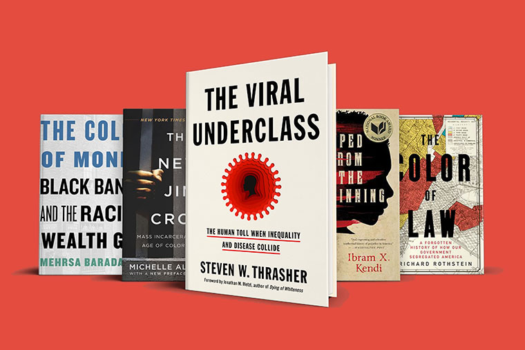 A selection of books on social issues, with one titled "the viral underclass" by steven w. thrasher prominently displayed in the center, flanked by books focusing on race, law, and economic inequality.