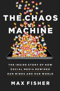 A striking book cover for 'the chaos machine,' depicting a cascade of social media emojis falling into a volatile pile, symbolizing the impact of social media on our minds and society.
