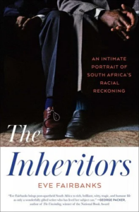 Close-up view of two individuals seated with a focus on their lower legs and shoes, symbolizing a personal encounter, set against the backdrop of a book cover titled "the inheritors" by eve fairbanks.