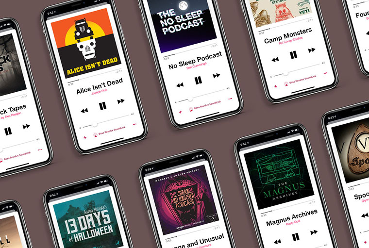 A collection of smartphones displaying various spooky and mysterious-themed podcast covers, indicating a range of audio entertainment options for fans of the horror and thriller genres.