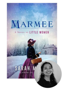 A woman stands in a snowy landscape, looking towards a distant home, on the cover of the novel "marmee: a novel of little women" by sarah miller, with a circular inset of a smiling woman at the bottom right corner.