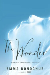 Book cover of "the wonder" by emma donoghue, featuring an ethereal and minimalist design with cloud-like forms against a blue sky background.
