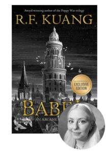 Cover of "babel" by r. f. kuang with a barnes & noble exclusive edition label, featuring a starry sky background and an illustrated tower, accompanied by a small inset photo of the author smiling.