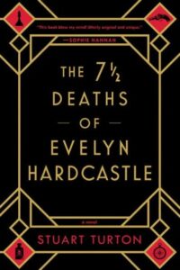 A captivating book cover for "the 7½ deaths of evelyn hardcastle" by stuart turton, featuring a stark contrast of black and red with an intricate keyhole design that suggests mystery and intrigue.