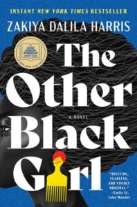 The image shows the cover of the novel "the other black girl" by zakiya dalila harris, featuring a graphic design with the silhouette of a woman's head, a comb with a fist handle, and text indicating it's an instant new york times bestseller and includes a quote from emily st. john mandel describing the book as "riveting, fearless, and vividly original.