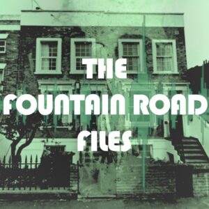 A hauntingly retro-styled cover for 'the fountain road files,' evoking mystery and suspense set against the backdrop of a weathered urban townhouse.