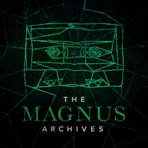 Logo of 'the magnus archives' podcast featuring geometric shapes and enigmatic eye designs against a dark, textured backdrop.