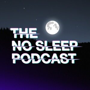 The no sleep podcast logo set against a night sky with the full moon illuminating the text.