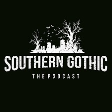 A monochromatic logo featuring the text "southern gothic the podcast" with stylized elements including bare trees, birds in flight, and a city skyline, alluding to eerie and mysterious themes associated with southern gothic genre.