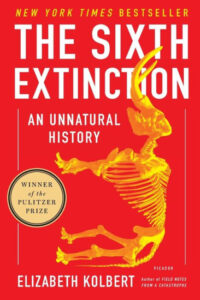 A striking book cover for "the sixth extinction: an unnatural history" by elizabeth kolbert, featuring a silhouette of a prehistoric animal skeleton against a bold red background, highlighting its status as a new york times bestseller and winner of the pulitzer prize.