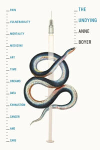 A serpent entwines a syringe, symbolically intertwining concepts of health and danger, against a backdrop of contrasting themes such as "vulnerability" and "the undying" alongside "anne boyer.