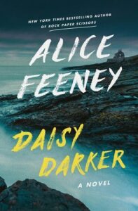 A brooding, atmospheric book cover featuring a rocky shoreline under a dusky sky, with the title "daisy darker" by alice feeney prominently displayed in bold, stylized text.