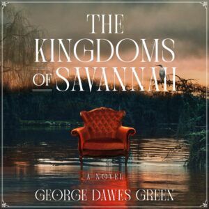 An elegant red chair stands solitary amidst a flooded savannah landscape, evoking a sense of mysterious tranquility under a dawning sky, as storks perch silently in the background—capturing the essence of "the kingdoms of savannah.