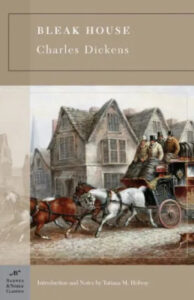Cover of "bleak house" by charles dickens, depicting a horse-drawn carriage in front of an old english building.