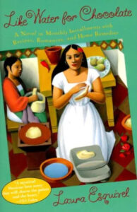 A vivid book cover illustration depicting a scene from the novel "like water for chocolate," with a woman in a traditional kitchen setting focused on food preparation, surrounded by ingredients and utensils, underscoring the culinary themes and cultural setting of the story.