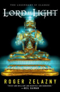 A serene golden buddha-like statue seated in a meditative pose, glowing with an otherworldly light, on the cover of the science fiction classic "lord of light" by roger zelazny.