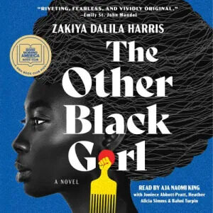 Cover of the novel "the other black girl" by zakiya dalila harris featuring a side profile of a woman against a blue background with a stylized hair design that looks like a road or path, symbolizing perhaps a journey or narrative path.