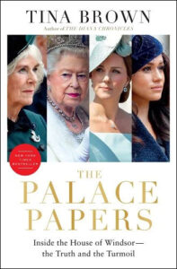 A collage of four women from the british royal family featured on the cover of tina brown's book "the palace papers," which explores the inner workings and challenges of the monarchy.