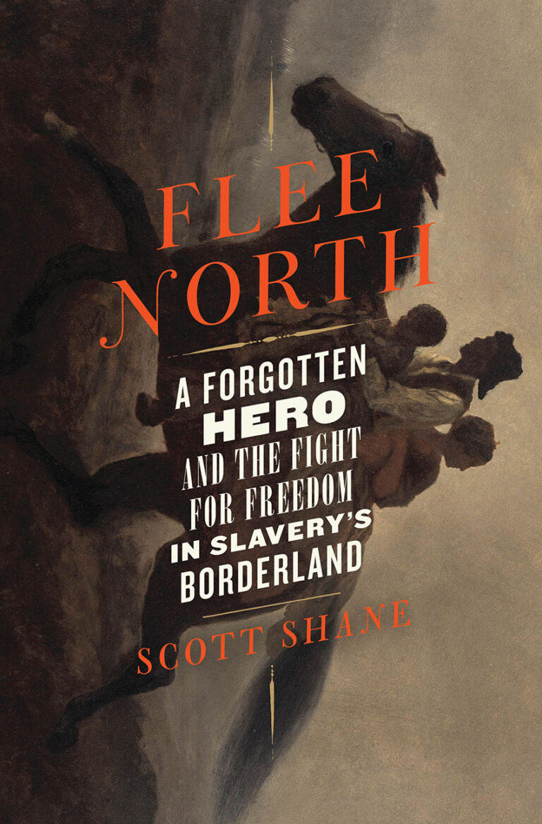 An artistic book cover titled "flee north" featuring bold typography over a suggestive, smoke-like illustration, with a subtitle reading "a forgotten hero and the fight for freedom in slavery's borderland" by scott shane.