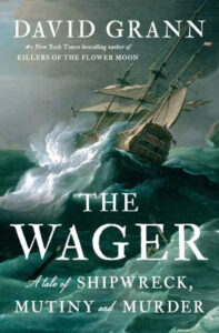 An old sailing ship is caught in tumultuous waves during a storm, encapsulating the theme of a harrowing sea adventure as told in david grann's book "the wager: a tale of shipwreck, mutiny and murder.