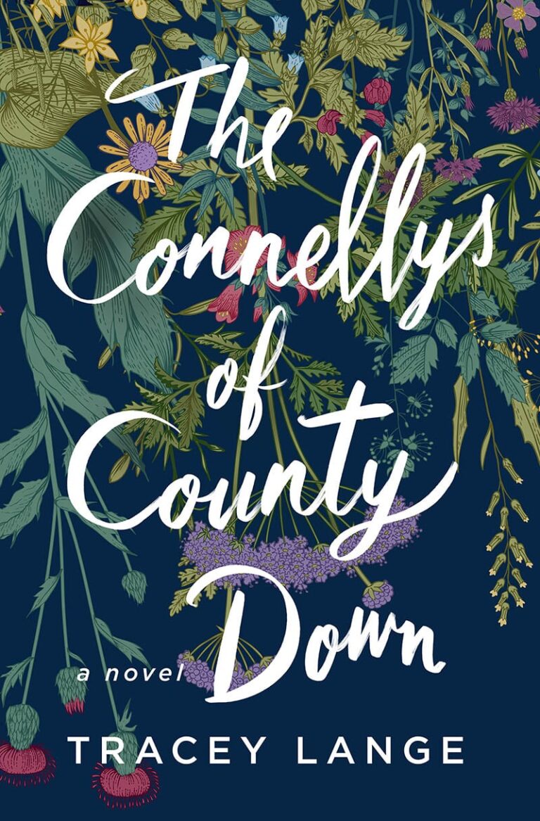 A book cover with a dark blue background featuring colorful floral illustrations with the title "the connellys of county down" by tracey lange prominently displayed in white and light purple lettering.