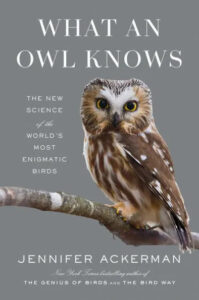 Book cover featuring an intense stare from an owl, titled "what an owl knows", exploring the latest scientific insights into these wise birds.