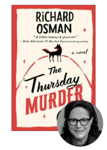 A woman smiling in grayscale juxtaposed with the colorful cover of "the thursday murder club" novel by richard osman, featuring a mysterious silhouette atop the title.