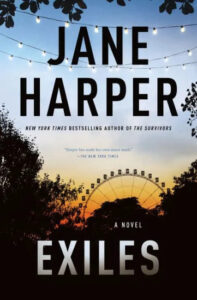 An evocative book cover for 'exiles', a novel by jane harper, capturing the essence of a serene twilight with a lit ferris wheel and string lights against a dusk sky.