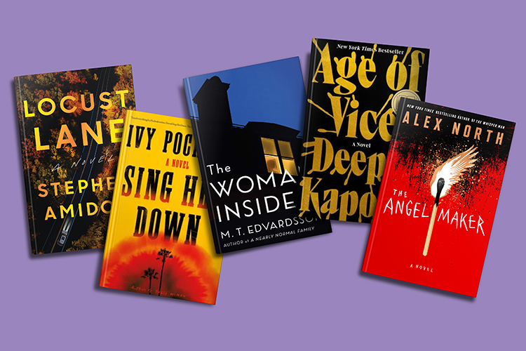 A collection of six intriguing novels against a purple background, showcasing a variety of mystery and thriller titles ready to captivate readers.