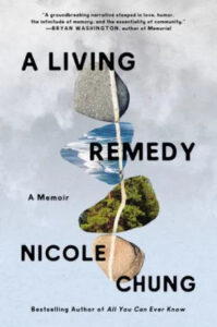 A creative book cover design featuring layered landscape cutouts forming an abstract figure, representing the memoir "a living remedy" by nicole chung.