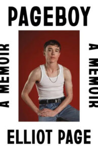 Confident and contemplative, a person poses against a red backdrop for the cover of their memoir titled 'pageboy'.