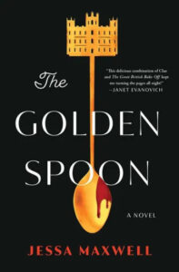 An intriguing book cover for 'the golden spoon' by jessa maxwell, featuring a silhouette of a castle on a fork, teasing a mystery that blends grandeur with culinary themes.