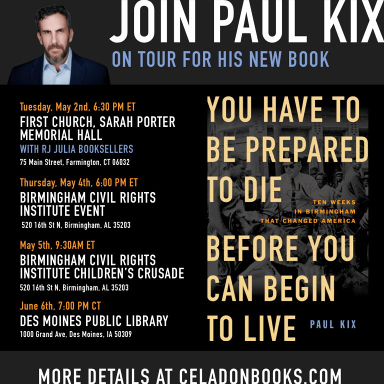 Promotional poster for paul kix's speaking tour, featuring dates, locations, and the title of his book "the saboteur".