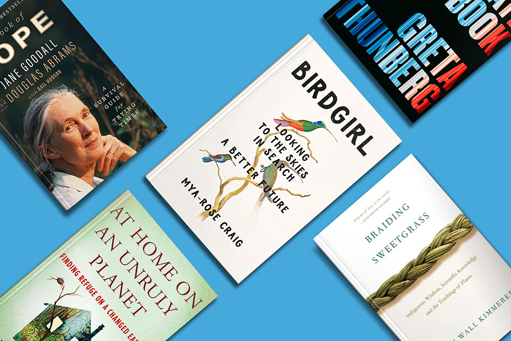 A collection of six environmentally themed books spread out, showcasing a diversity of topics related to climate change, nature, and personal journeys in environmental activism.