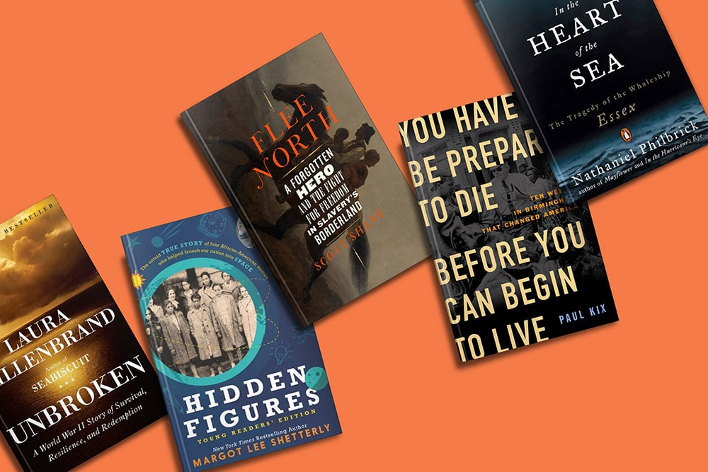 A collection of five books with inspiring and thought-provoking themes displayed against an orange background.