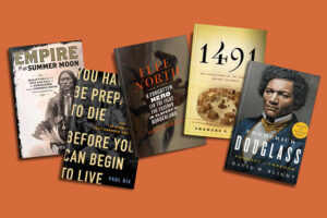 A collection of historical and biographical books against an orange backdrop, offering diverse narratives from different periods.