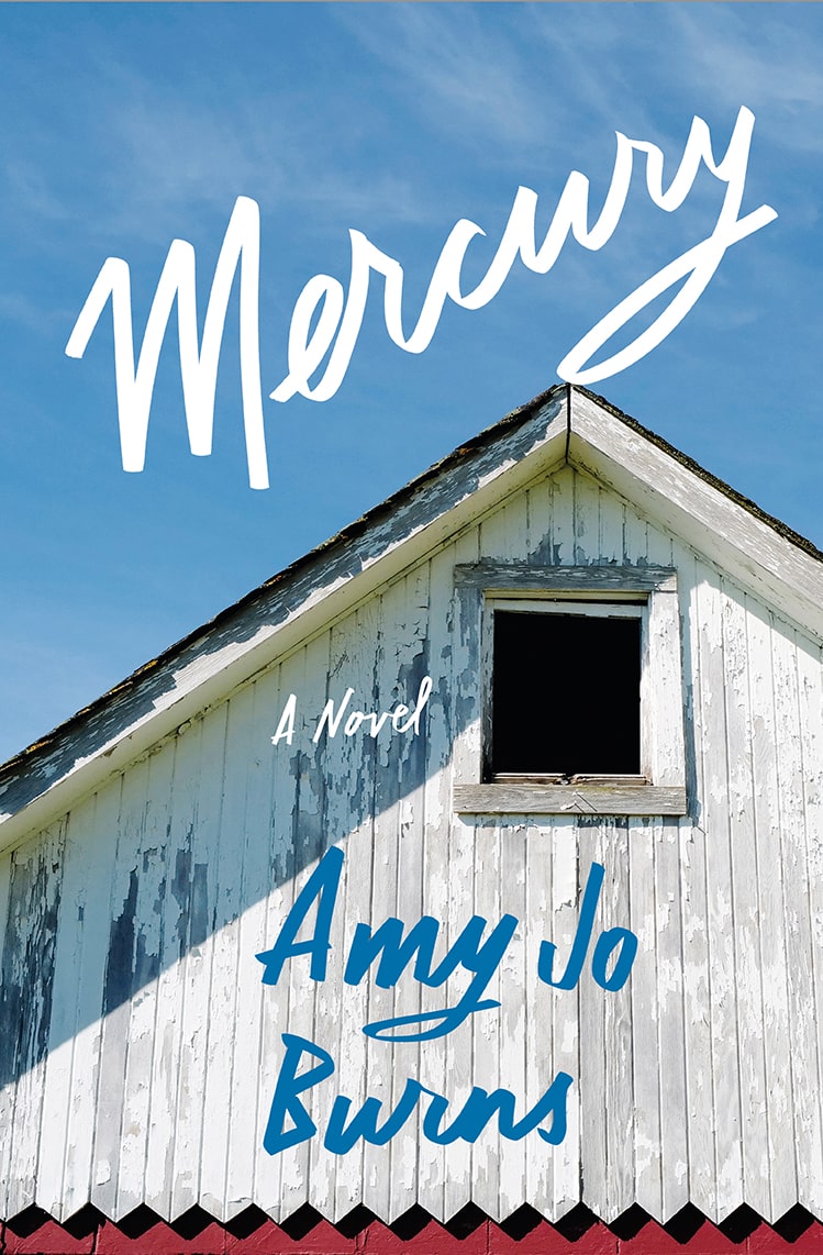 A rustic white barn with a contrasting red trim under a clear blue sky, titled "mercury" by amy jo burns, suggesting a tale that may intertwine pastoral life with intricate narratives.
