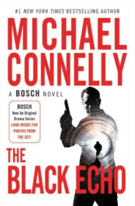 A suspenseful book cover for "the black echo" by michael connelly, featuring a silhouette of a person entering a beam of light that creates an eerie echo-like effect, hinting at a thrilling detective story.