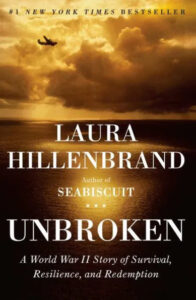 A book cover for "unbroken" by laura hillenbrand, showcasing a silhouette of a soaring plane against a golden sunset sky, symbolizing a tale of resilience during world war ii.