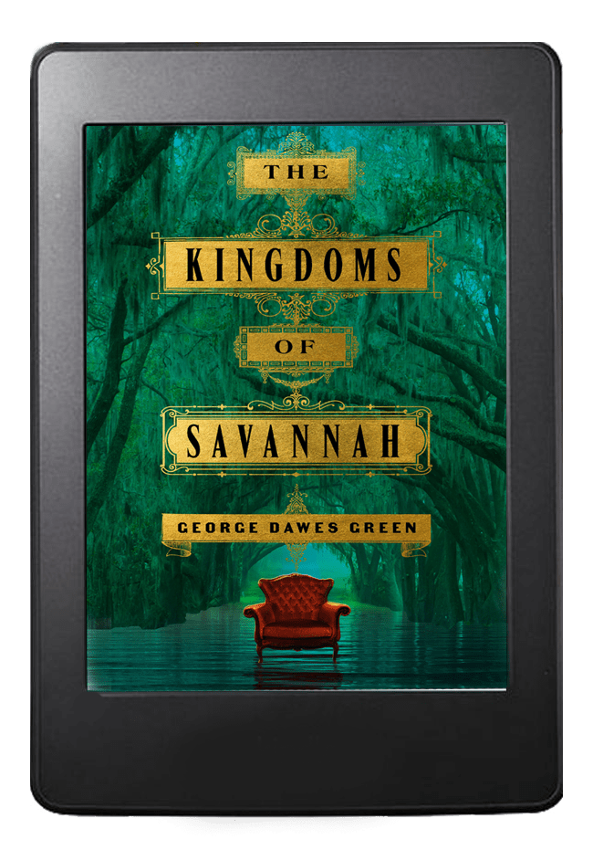 An e-reader displaying the cover of "the kingdoms of savannah" by george dawes green, featuring a mysterious and atmospheric image with an ornate title design, set against a backdrop of lush, green, moss-draped trees and a solitary red chair in the center.