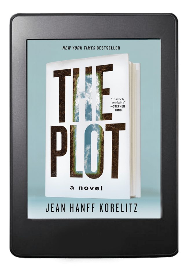 An e-reader displaying the cover of the new york times bestseller "the plot" by jean hanff korelitz.